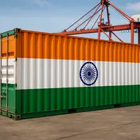 une image d'un conteneur posé sur un quai d'un port qui est aux couleurs du drapeau indien