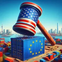 marteau au couleur du drapeau américain qui tape un conteneur au couleur du drapeau de l'ue