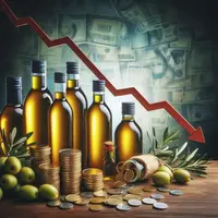 sur fond de bouteilles d'huile d'olive, une courbe de prix descendante