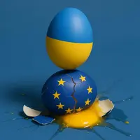 un oeuf aux couleurs du drapeau ukrainien qui tombe sur un oeuf au couleur du drapeau européen brisé