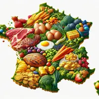 une carte de france, avec des images d'oeufs, de steaks, de légumes verts, de sucreries, de nuggets, de fruits