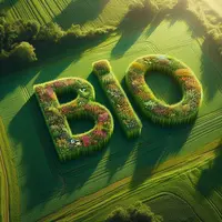 une photo d'un champ, le mot "BIO" est écrit avec des plantes, style photo aérienne