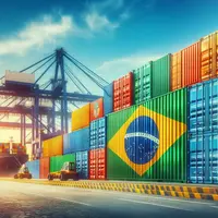 des conteneurs peints au couleurs du drapeau brésilien sur un quai d'un port de commerce.