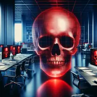 des ordinateurs d'entreprises. au premier plan, un filigrane tete de mort en rouge