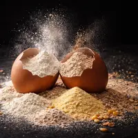 d'une coquille d'oeuf brisée, sortent des farines.