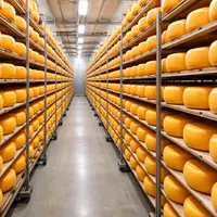 gouda dans des rayonnages en usine agroalimentaire