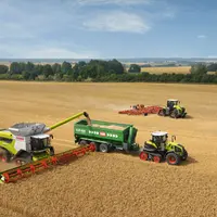 Moissonneuse-batteuse CLaas Lexion, tracteur Axion Terra Trac et Xerion Terra Ttrac