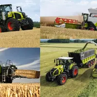 Tracteur Claas Axion à chenilles, ensileuse Claas Jaguar, moissonneuse-batteuse Claas, presse Quadrant Claas