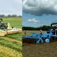 Tracteur autonome Combined Powers avec faucheuse portée Krone et déchaumeur à dents Lemken