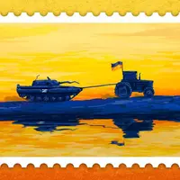 La poste ukrainienne vient d'éditer un timbre à l'effigie des tracteurs tirant les chars russes abandonnés, symbole de la résistance rurale.