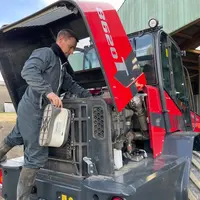 La dépose du filtre à air demande de grimper à l'arrière de la chargeuse articulée Schäffer 8620 T-2.