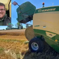 Maxime Lemasquerier, agriculteur dans le Calvados, devant une presse Krone Varipack V 165