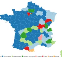 Carte de france par dep avec le classement des trois première marques de tracteurs agricoles