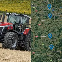 Tracteur Massey Ferguson 8S et carte présentant les quatre bases commerciales du concessionnaire Vautrin-Cherrier
