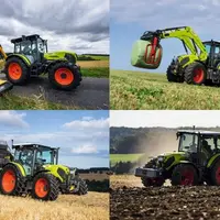 Vue de quatre tracteurs Claas Axos série 3 avec épareuse, chargeur frontal, presse à balle ronde et charrue.