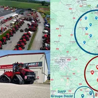 Vue d'un parc de tracteurs Case IH et des secteurs commerciaux du groupe David et des Ets Poncelet.