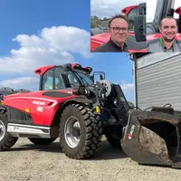 Jean-Marie Toutain, agriculteur dans l'Orne, et son salarié David Couillard devant le chariot télescopique Faresin