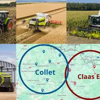 Machines agricoles automotrices Claas et une carte indiquant la position de Collet et Claas Est.