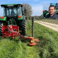 <em class="placeholder">Matthieu Boullard, éleveur dans la Sarthe, devant son broyeur sous clôture ZK3 de Kneilmann et son tracteur John Deere 5100 M<