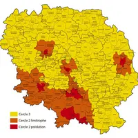 État des périmètres des cercles reconnus sous pression du loup au 13 janvier 2023.