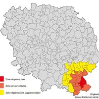 Les zones Influenza Aviaire Hautement pathogene (IAHP) en Creuse au 10 janvier 2023.