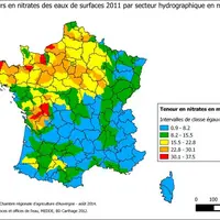 Teneurs en nitrates des eaux de surfaces 2011 par secteur hydrographique en mg/l.