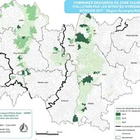 Carte des zones vulnérables sur la région AURA avant 2020-2021.