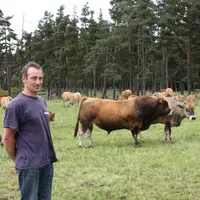 Eric Mathieu devant son cheptel Aubrac en pâture sur les hauteurs de la commune de Thoras.