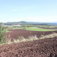 Paysage rural près de St Paulien avecparcelles labourées.