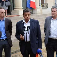 Thomas Diemer, Xavier Beulin et Dominique Barrau à la sortie de leur rendez-vous à l'Elysée le 24 août.