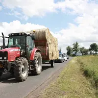Tracteurs et remorques de fourrages circulant sur une route.