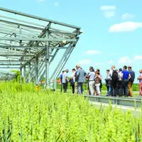 Les membres du GNIS devant le dispositif Phéno3C à l’Inra de Crouël (63), où sont étudiés les comportements de différentes variétés de blés, face à de