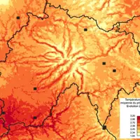 Elévation de la température moyenne au printemps dans le Cantal, entre 2000 et 2050. Sources : AP3C.