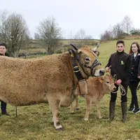 Florence, Philippe, Camille et Rémi Raynal aux côtés de la vache “Heureuse” et de son veau, “Original”.