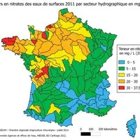 Teneur en nitrates des eaux de surface par secteur hydrographique en 2011 (en mg/l).