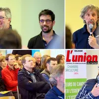 les intervenants de la réunion Cerfrance Cantal et Chambre d'agriculture du Cantal devant les éleveurs du Cantal