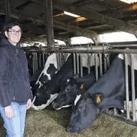 L'agricultrice Anne-Laure Fraisse sourit aux côtés de son troupeau de Prim'Holstein en train de manger.