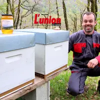 Apiculteur devant ses ruches dans le Cantal, avec en premier plan des pots de miel