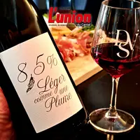 Verre de vin allégé en alcool, avec la bouteille et l'étiquette bien visible.