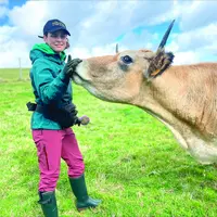 Jeune femme caresse le museau d'une vache dans un pré.