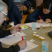 jury goutant et notant du miel autour d'une table