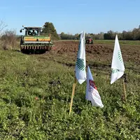 drapeaux fdsea 19 et JA19 en bordure de la parcelle travaillée