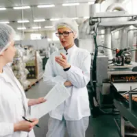 Deux employées discutent dans un laboratoire d'une entreprise agroalimentaire.
