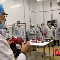 dans un atelier de découpe de viande, un responsable montre à des visiteurs un produit découpé, conditionné sous-vide