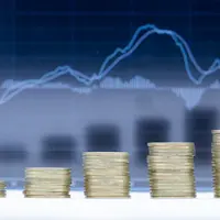 A stack of five rows of coins with graph dark blue background.