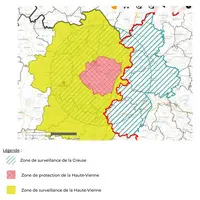Zone réglementée grippe aviaire en Haute-Vienne et Creuse au 27 novembre 2025.