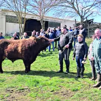 des agriculteurs aux côtés d'un taureau qui s'apelle Obélix