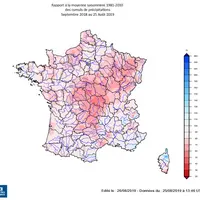 L’ANNÉE 2019 A ÉTÉ PARTICULIÈREMENT SÈCHEPrécipitations cumulées de septembre 2018 à août 2019 par rapport à la moyenne 1981-2010 © Météo France
