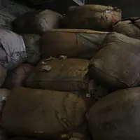 Les curons de laine s'entassent dans le hangar, dédié au matériel agricole et gênent l'éleveur dans son travail. © B. Morel