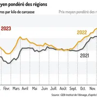 Graphique : Cotation de l’agneau français (prix moyen pondéré des régions) ©GEB-Institut de l’élevage, d’après FranceAgriMer